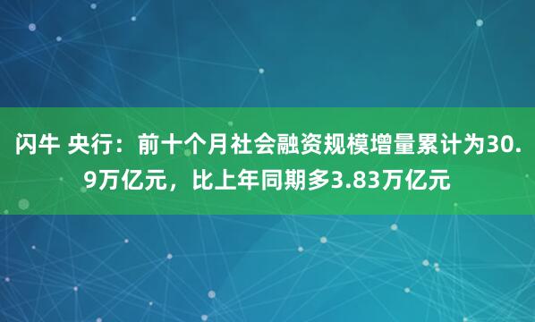 闪牛 央行：前十个月社会融资规模增量累计为30.9万亿元，比上年同期多3.83万亿元